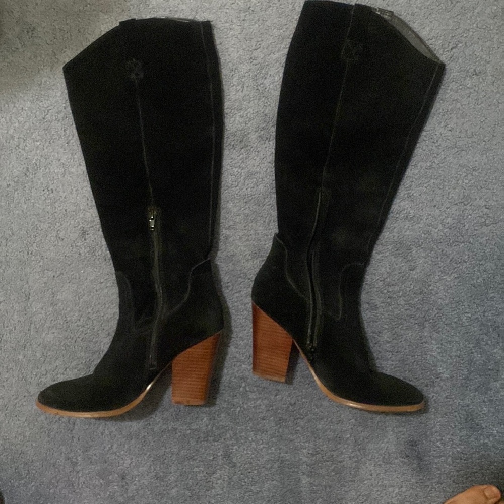 High heeled black boots, suede, size 7.5